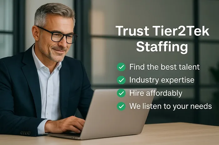 Confident professional using laptop with Tier2Tek Staffing benefits listed.