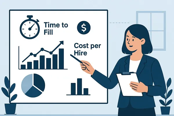 A businesswoman evaluates success metrics for hiring on a large board displaying charts like time to fill and cost per hire.