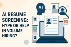 Illustration showing AI screening resumes on a laptop, with accepted and rejected resumes connected to an AI icon.