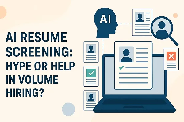Illustration showing AI screening resumes on a laptop, with accepted and rejected resumes connected to an AI icon.