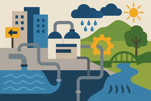 Illustration of urban and natural infrastructure adapting to water system challenges with pipes, treatment facilities, and river connections.