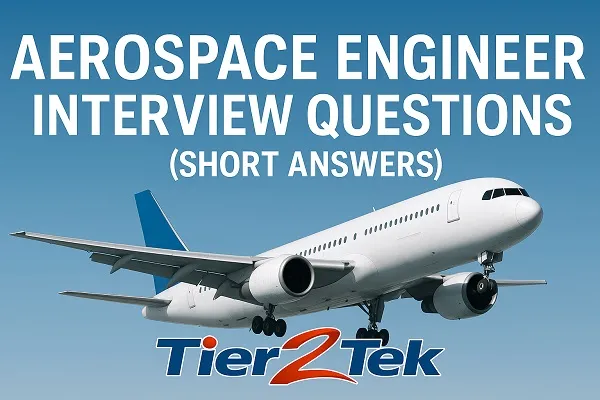 Wide banner image featuring an airplane and the title "Aerospace Engineer Interview Questions (Short Answers)" with the Tier2Tek logo.
