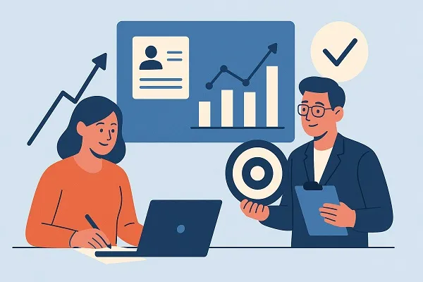 Two professionals review hiring metrics at a desk with charts, graphs, and a target icon indicating alignment with retention goals.