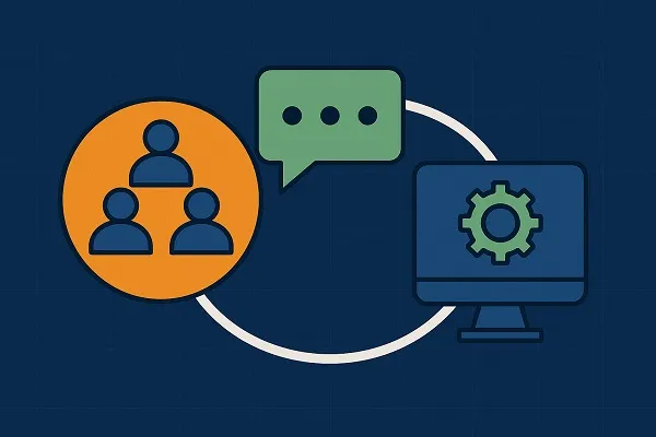 Illustration of a team icon, speech bubble, and computer with a gear, connected by a curved line to show IT support and workplace culture.