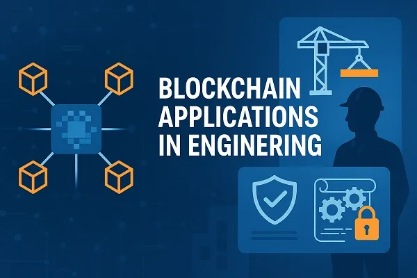Digital illustration showing blockchain network with cubes connected to a central hub, engineering icons, and a construction worker.