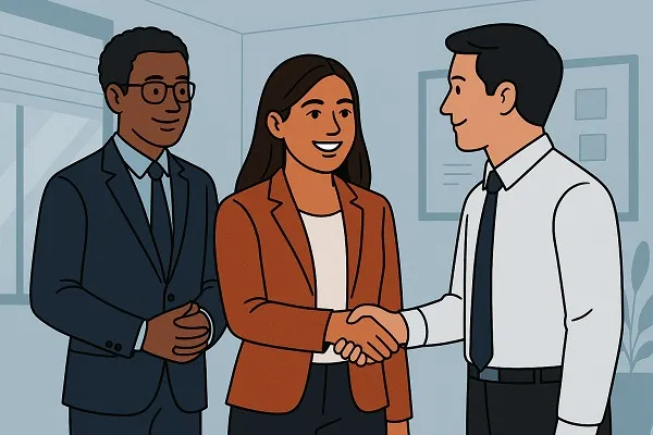 Three office workers shake hands and smile in a modern workspace, symbolizing professional relationship building.