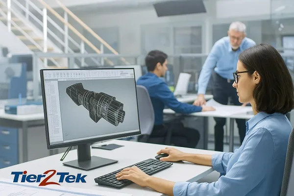 Modern office with CAD professionals working on design software, representing Tier2Tek Staffing’s CAD recruitment services.