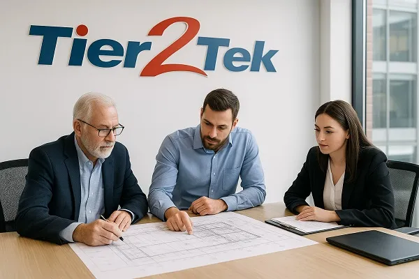 Three professionals reviewing architectural blueprints at a conference table with the Tier2Tek logo on the wall behind them.