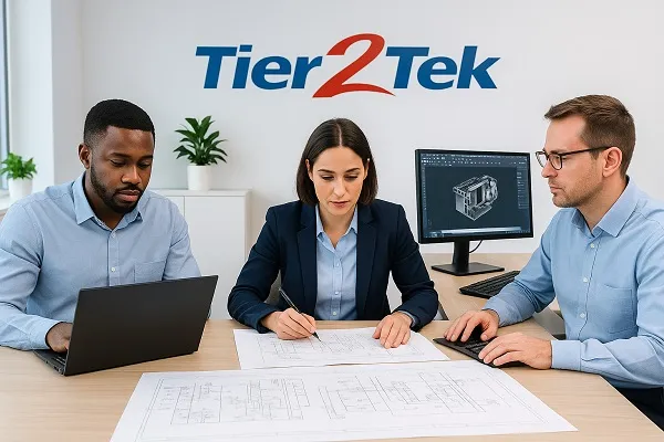 Three CAD professionals working on architectural blueprints and 3D models in a modern office with Tier2Tek Staffing branding.