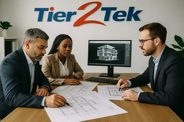 Three professionals reviewing CAD blueprints and a 3D model at a conference table under the Tier2Tek Staffing logo.