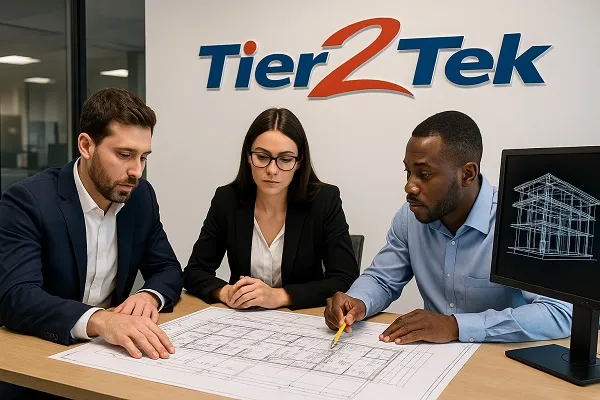 Three professionals reviewing technical blueprints and a 3D building model under the Tier2Tek Staffing logo in an office setting.