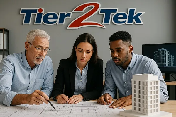 Three professionals collaborating on architectural blueprints with a 3D building model and Tier2Tek logo in the background.