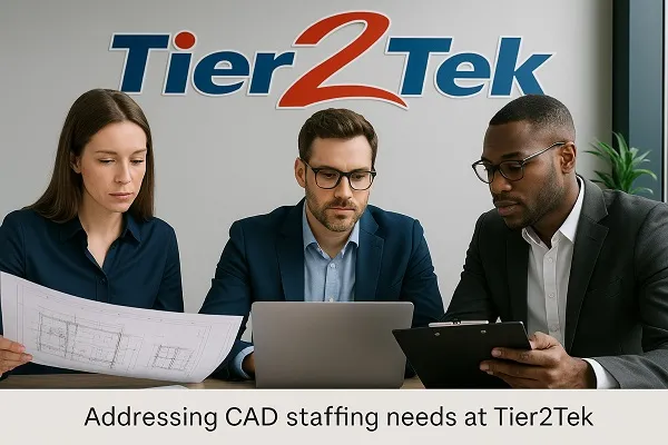 Three professionals reviewing CAD blueprints and staffing data at a Tier2Tek Staffing office.