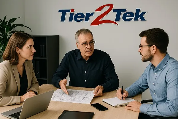 Three professionals having a staffing discussion around blueprints at a conference table with the Tier2Tek logo on the wall.