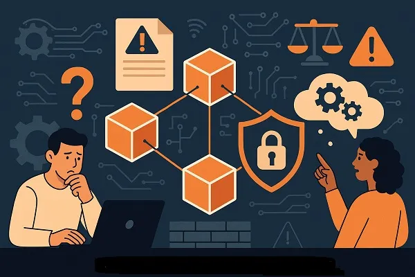 Illustration showing people facing challenges with blockchain in engineering, with symbols of confusion, risks, and secure tech.