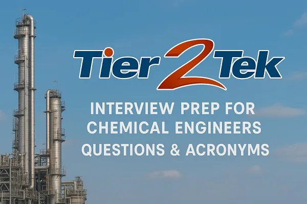 Wide banner image with Tier2Tek logo and industrial refinery towers, promoting interview prep for chemical engineers.