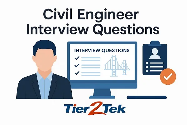 Digital graphic showing "Civil Engineer Interview Questions" with an engineer figure, checklist icons, bridge illustration, and Tier2Tek logo.