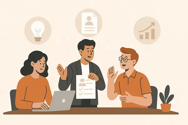Three professionals collaborate at a desk, discussing resumes and strategy, with icons representing ideas, candidates, and growth above them.