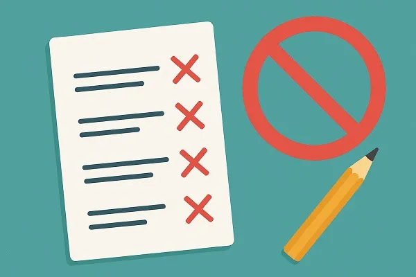 A checklist with red X marks beside each item, a red prohibition symbol, and a pencil on a teal background.