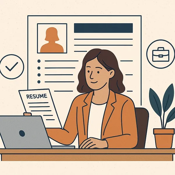 A woman at a desk reviews her resume with a laptop and icons in the background representing career readiness.