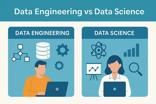 Side-by-side illustration showing a data engineer with database and pipeline icons, and a data scientist with charts and analytics symbols.