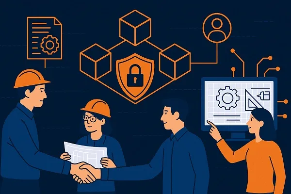 Illustration of engineers collaborating using blockchain technology with digital tools, secure network, and engineering diagrams.
