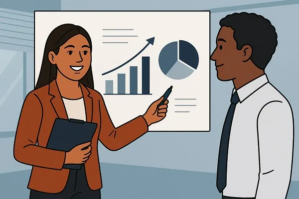 A woman presents data on a whiteboard to a colleague, highlighting performance and impactful results in a professional setting.