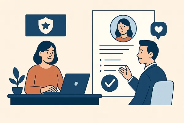 An interview scene where a woman and man discuss a candidate profile, with icons representing positive employer brand and candidate experience.