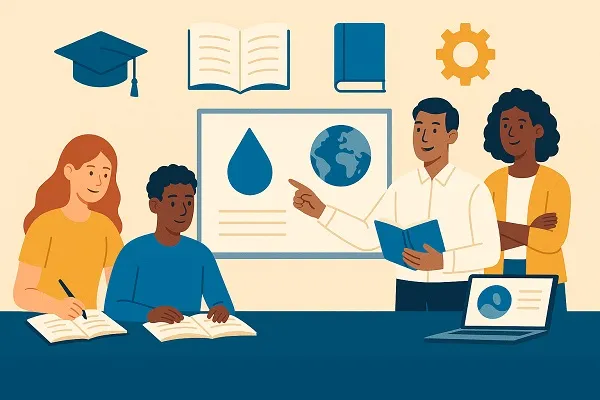 Illustration of diverse individuals engaged in water-focused education with books, a presentation board, and a laptop.