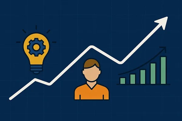 Illustration of a lightbulb, person icon, and bar chart connected by an upward arrow symbolizing innovation and business growth.