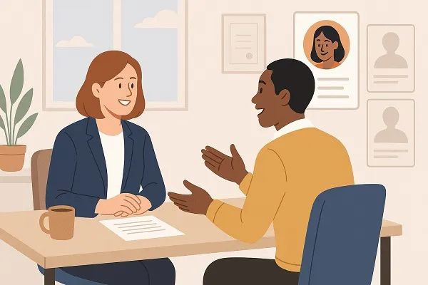 A hiring manager attentively interviews a candidate in a bright, welcoming office environment.