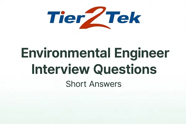 Wide banner image with the Tier2Tek logo and the title "Environmental Engineer Interview Questions – Short Answers" on a green-white gradient background.