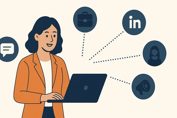 Woman using a laptop with icons representing diverse talent sourcing channels like LinkedIn, referrals, job boards, and outreach.