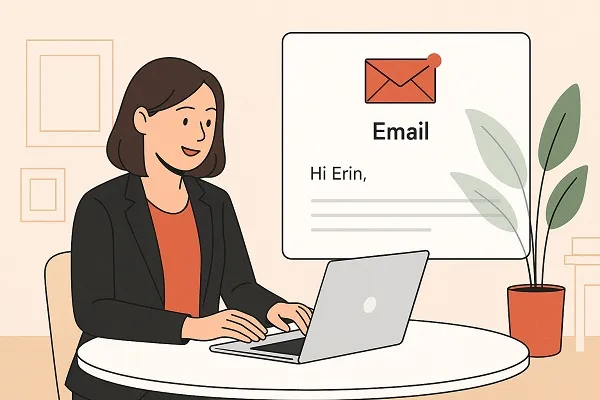 A professional woman types a follow-up email on her laptop in a calm office setting.