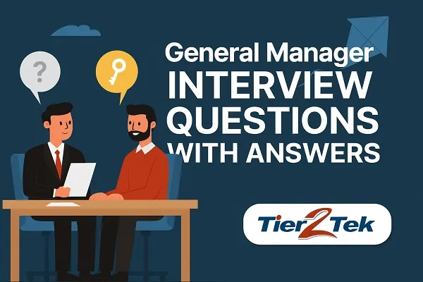 A digital illustration of a professional interview scene with two characters seated at a table, featuring the text "General Manager Interview Questions with Answers" and the Tier2Tek logo.