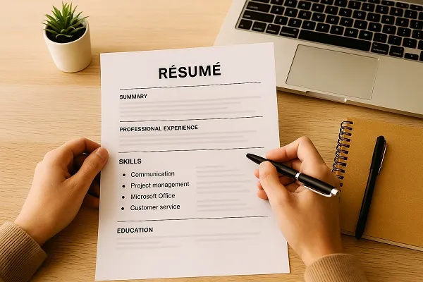 A person holding a résumé with the skills section highlighted, listing communication, project management, and Microsoft Office skills.