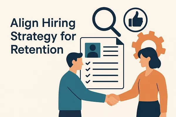 Illustration showing two professionals shaking hands in front of a resume, gear icon, and thumbs-up symbol, with text reading "Align Hiring Strategy for Retention."
