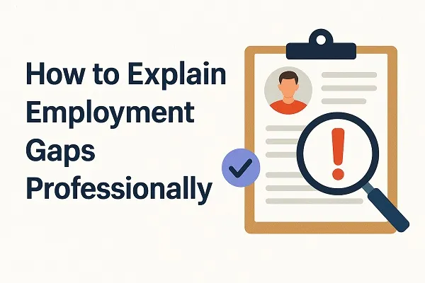 Illustration of a resume on a clipboard with a magnifying glass over a red exclamation mark, next to the title “How to Explain Employment Gaps Professionally”.