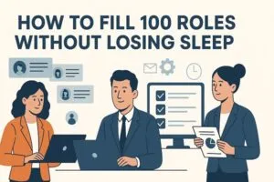 Flat-style illustration showing three professionals calmly managing recruitment tasks to fill 100 roles efficiently.