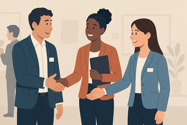 Three diverse professionals smiling and shaking hands while networking at a business event.