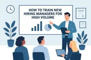 A modern office training session with a presenter explaining "How to Train New Hiring Managers for High Volume" to three attendees.