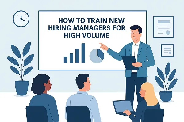 A modern office training session with a presenter explaining "How to Train New Hiring Managers for High Volume" to three attendees.