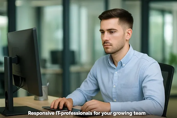 IT professional working intently at a desk in a bright, modern office