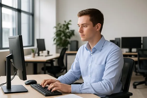 Young IT professional working at a desk in a bright office without screen content visible