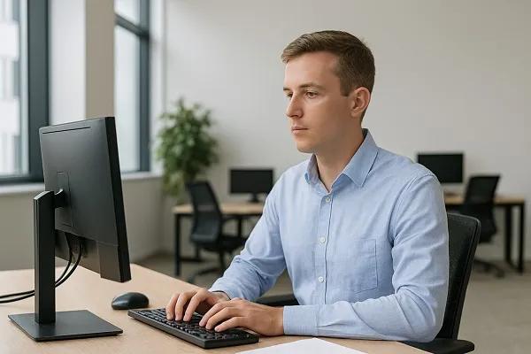IT professional seated at a desk in a clean, modern office environment