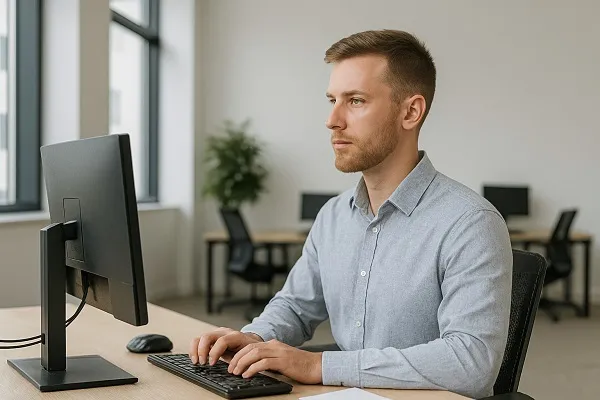 IT professional working at a desk in a bright, modern office with no screen content visible