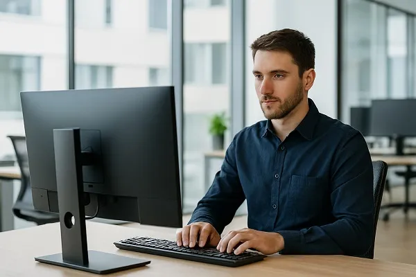 IT professional working at a desk in a bright, modern office
