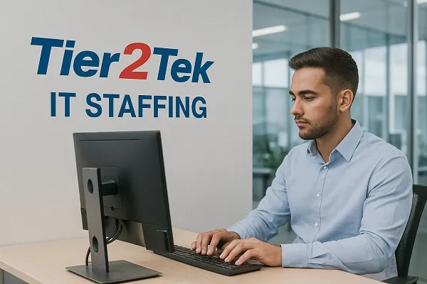 Male IT professional working at a desktop computer in a bright, modern office with Tier2Tek branding
