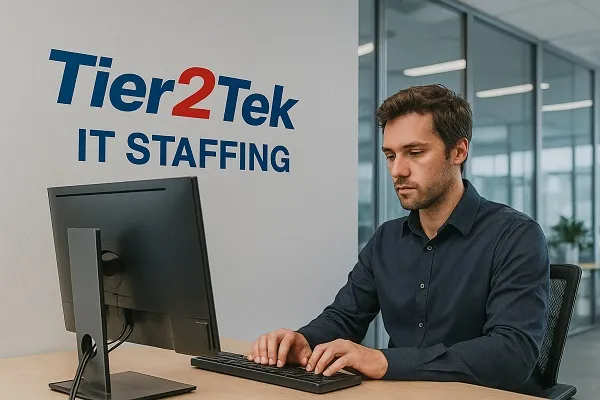 IT professional typing on a keyboard at a modern desk with Tier2Tek branding in the background