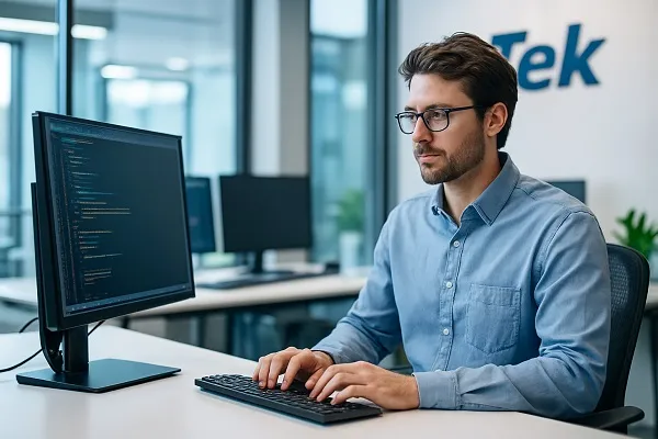 Male IT professional coding at a modern workstation in a bright, open office
